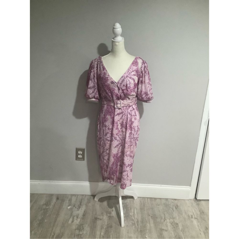 BADGLEY MISCHKA Lilac Sequined Puff Sleeve Belted Cocktail Dress Size 12 NWT